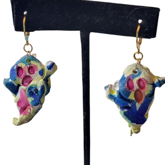 14K Gold Ghost Earrings – Pink Blue Yellow Air Dry Clay Handmade - Picture 3 of 3